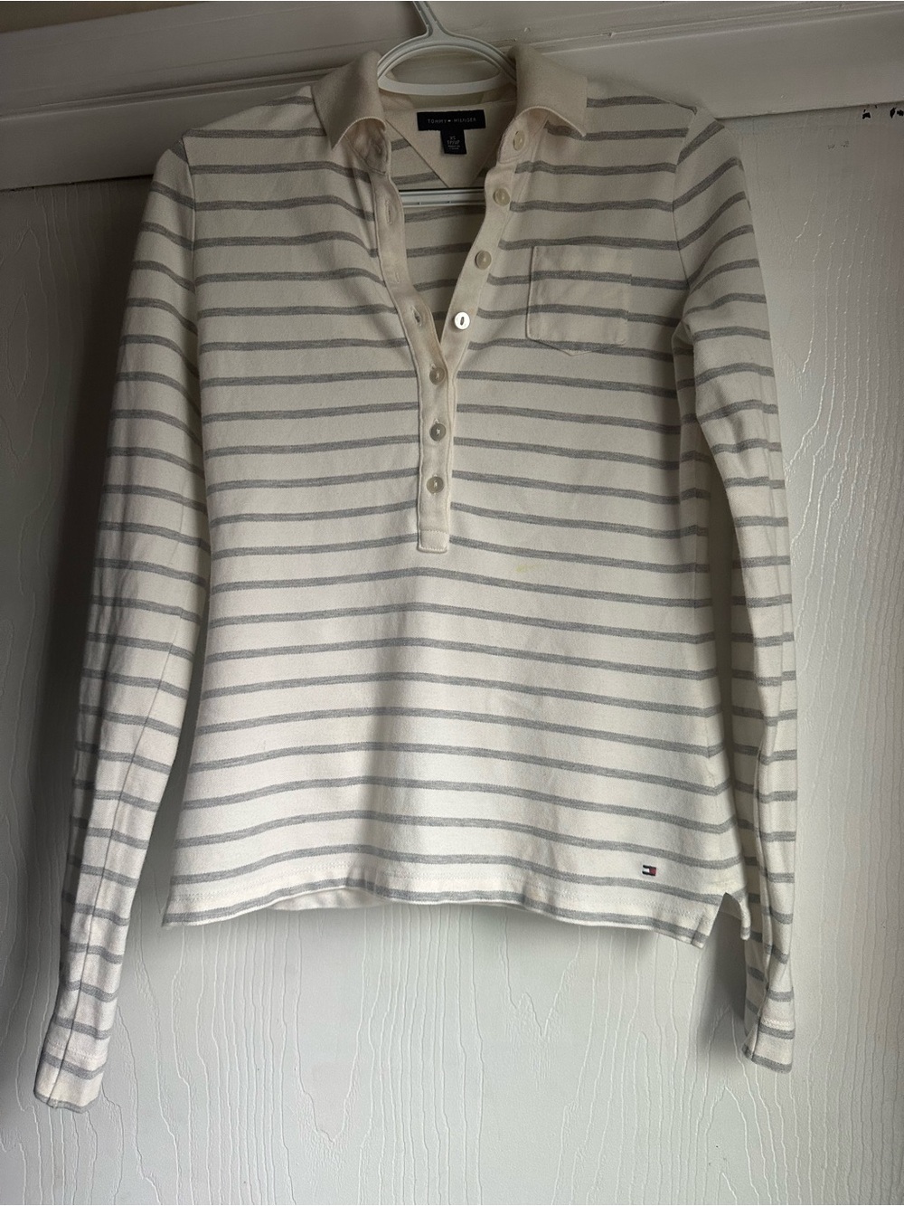 Tommy Hilfiger Cream and Light Gray Striped Long-Sleeve Polo